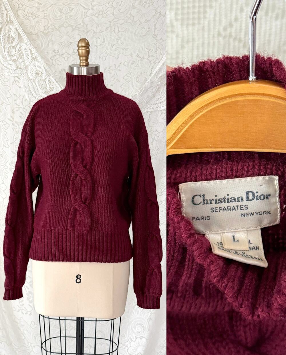 Vintage 80s Christian Dior Separates Burgundy Wool Cable Knit Turtleneck